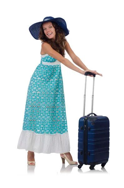 Woman traveller with suitcase isolated on white — Stock Photo, Image