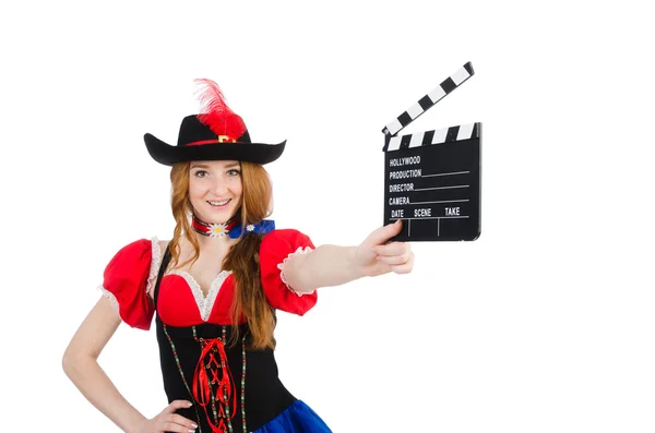 Mulher pirata com placa de filme — Fotografia de Stock