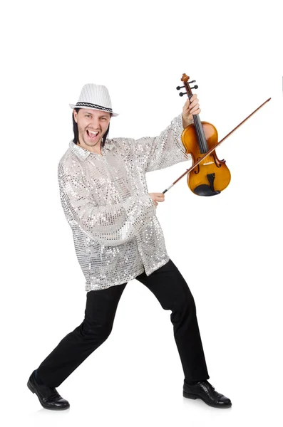 Uomo divertente con violino su bianco — Foto Stock