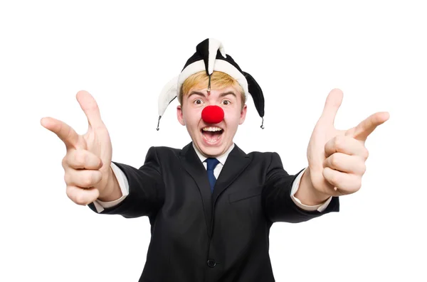 Biznesmen clown w zabawnej koncepcji izolowane na białym — Zdjęcie stockowe