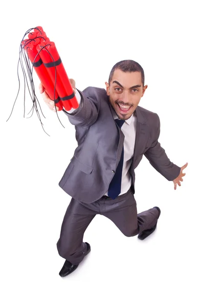 Man with dynamite stick isolated on white — Stock Photo, Image