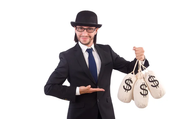 Homme avec des sacs d'argent isolé sur blanc — Photo