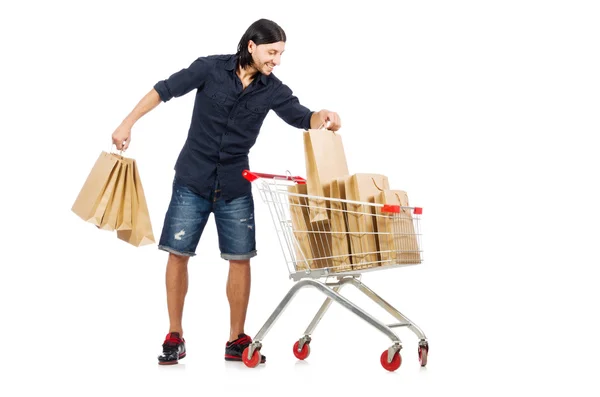 Man winkelen met supermarkt mand kar geïsoleerd op wit — Stockfoto