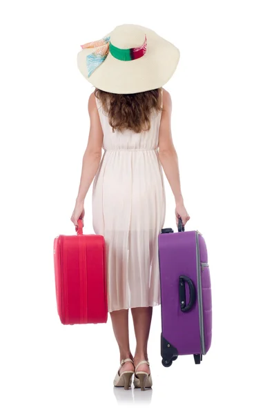 Femme voyageur avec valise isolée sur blanc — Photo