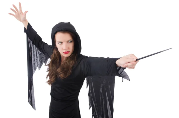 Witch with magic wand isolated on white — Stock Photo, Image