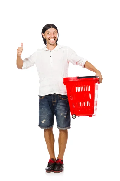 Uomo shopping con carrello supermercato isolato su bianco — Foto Stock