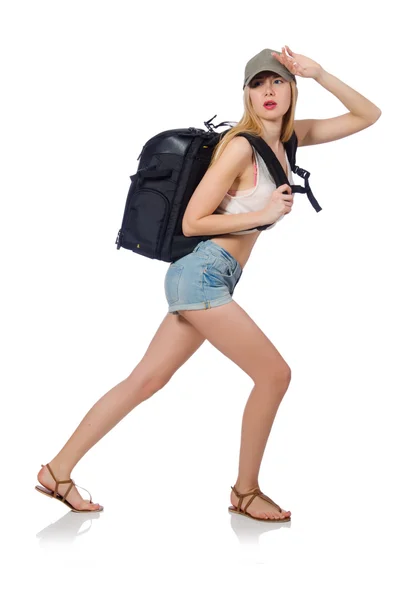 Mujer con mochila aislada en blanco — Foto de Stock