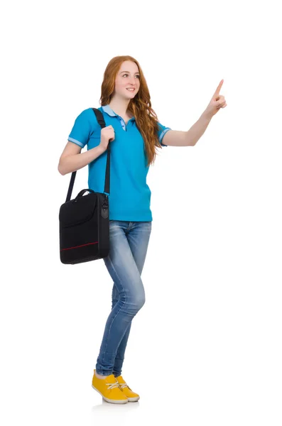 Joven estudiante con mochila aislada en blanco — Foto de Stock