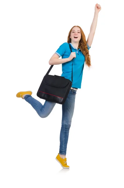Woman with backpack isolated on white — Stock Photo, Image