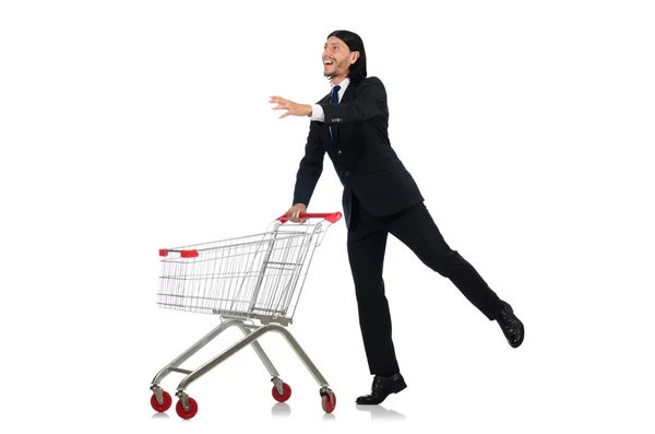Homme shopping avec panier de supermarché panier isolé sur blanc — Photo