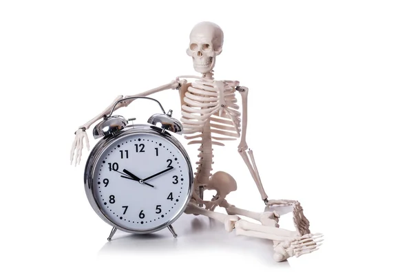 Esqueleto com despertador no branco — Fotografia de Stock