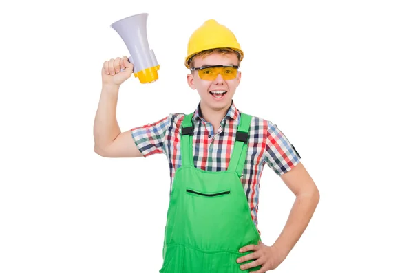 Funny construction worker with loudspeaker on white — Stock Photo, Image