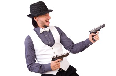 Silahlı bir adam beyazın üzerinde izole edilmiş.