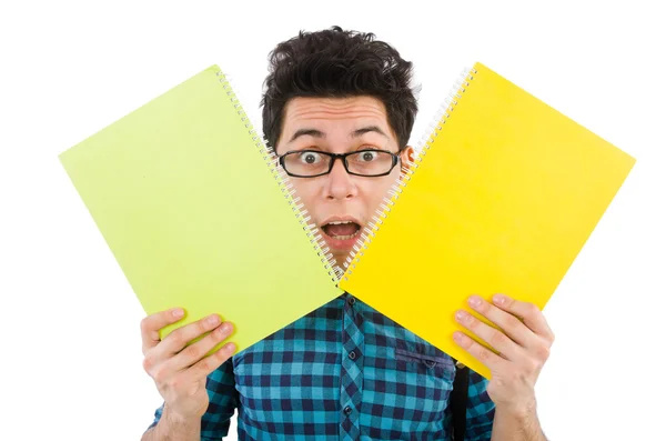 Funny student with books isolated on white — Stock Photo, Image