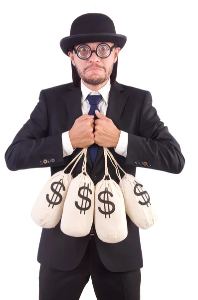 Uomo con sacchi di denaro isolato su bianco — Foto Stock