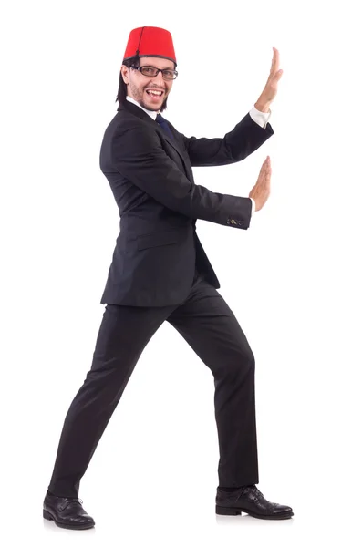 Businessman wearing fez hat isolated on white — Stock Photo, Image