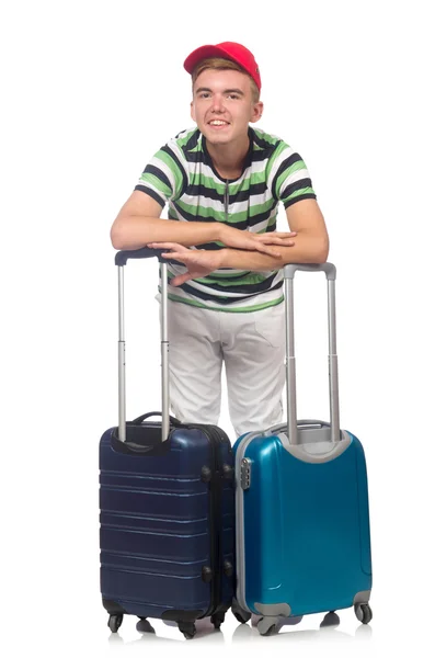 Rolig man med resväska isolerad på vitt — Stockfoto