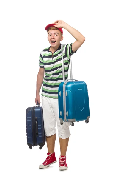 Funny man with suitcase isolated on white — Stock Photo, Image