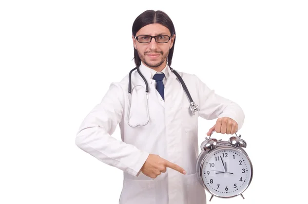 Man doctor with clock isolated on white — Stock Photo, Image