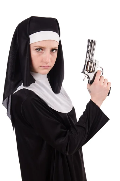 Nun with handgun isolated on white — Stock Photo, Image