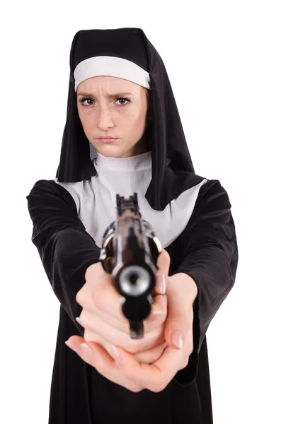 Nun with handgun isolated on white — Stock Photo, Image