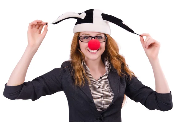 Mujer divertida payaso aislado en el blanco — Foto de Stock