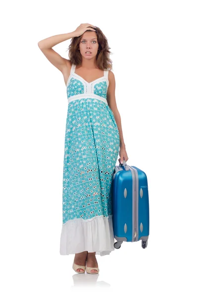 Kobieta z bagażem na białym — Zdjęcie stockowe
