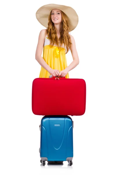 Woman preparing for summer vacation on white — Stock Photo, Image