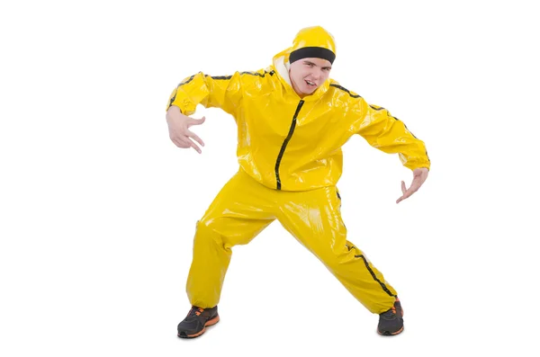 Mężczyzna w żółtym garniturze odizolowany na białym — Zdjęcie stockowe