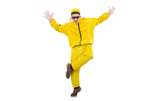 Hombre en traje amarillo aislado en blanco —  Fotos de Stock