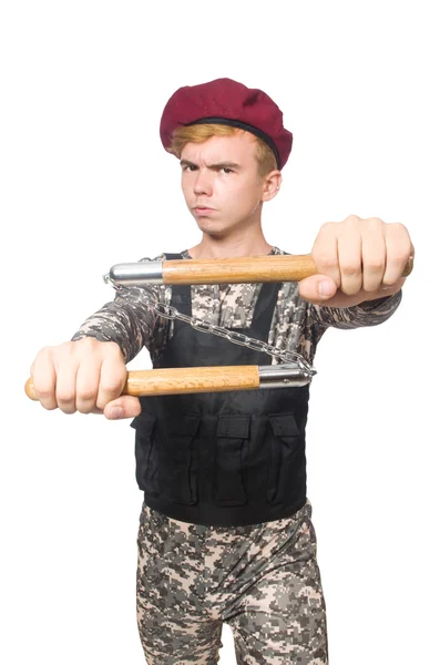 Soldado divertido aislado en blanco — Foto de Stock