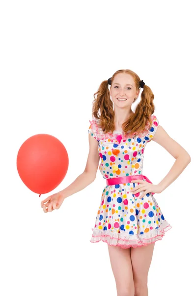 Mujer joven con globo rojo aislado en blanco — Foto de Stock