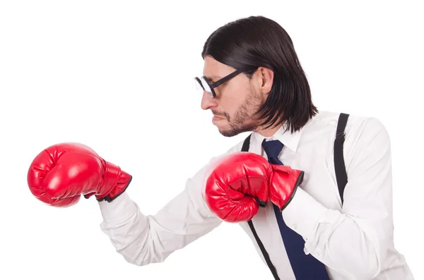 Grappige jonge zakenman met bokshandschoenen geïsoleerd op wit — Stockfoto