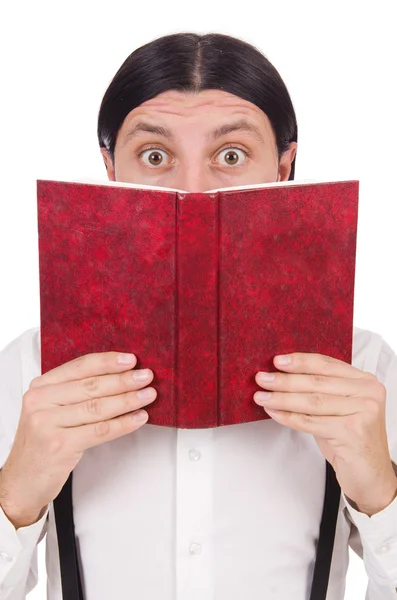 Estudiante divertido con libros aislados en blanco —  Fotos de Stock