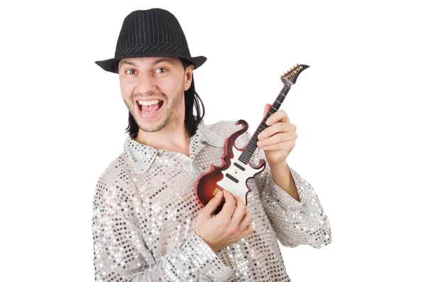 Hombre con pequeña guitarra en concepto musical divertido — Foto de Stock