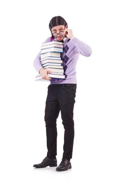 Estudante engraçado com livros isolados em branco — Fotografia de Stock