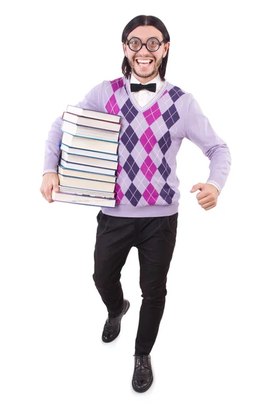 Estudiante divertido con libros aislados en blanco — Foto de Stock