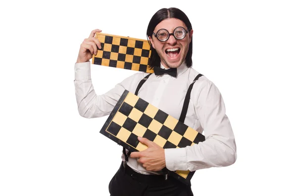 Nerd chess player isolated on white — Stock Photo, Image