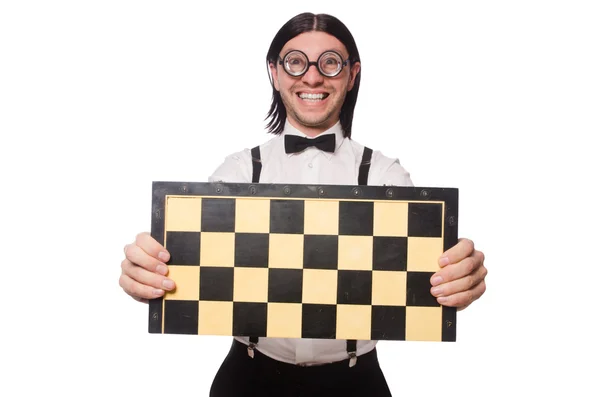 Nerd chess player isolated on white — Stock Photo, Image