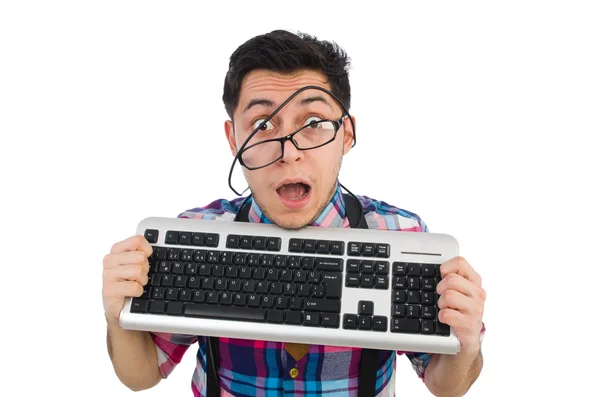 Computer-Nerd mit Tastatur lizenzfreie Stockfotos