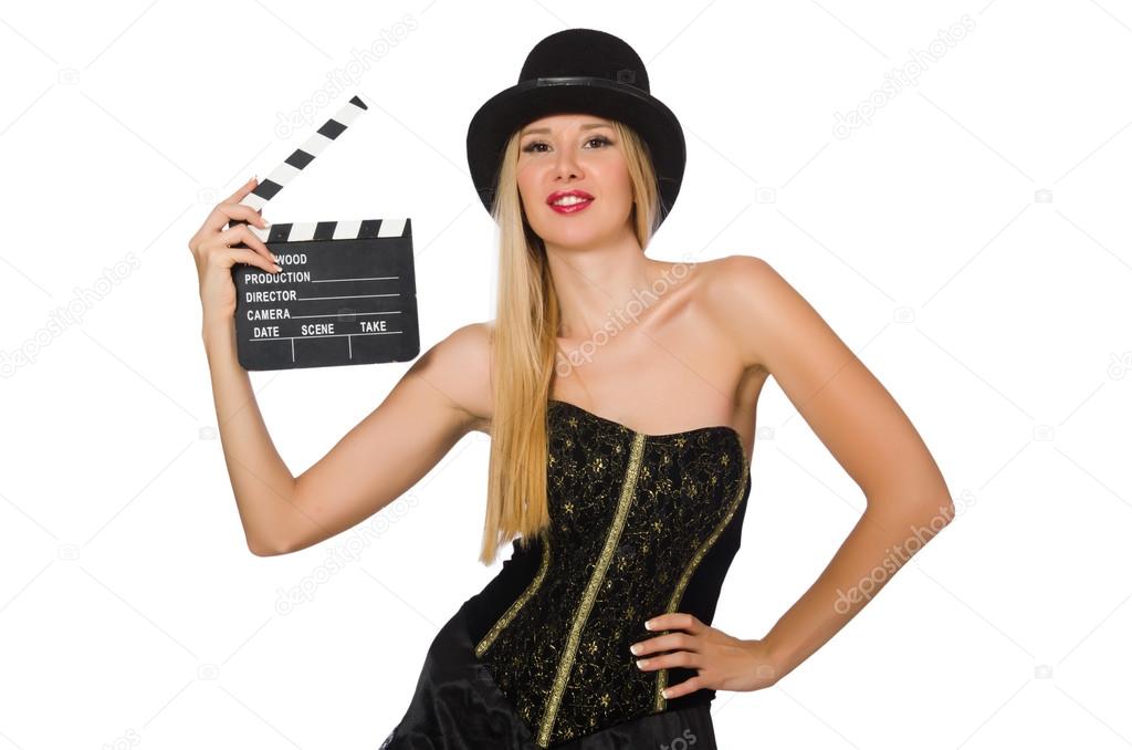 Woman with movie clapboard isolated on white