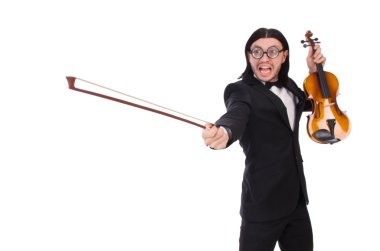 Beyaz müzik aleti olan komik bir adam.