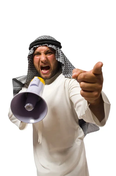 Arab man with loudspeaker isolated on white — Stock Photo, Image