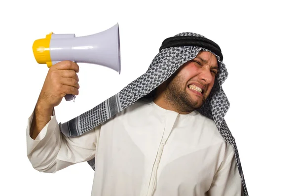 Homme arabe avec haut-parleur isolé sur blanc — Photo