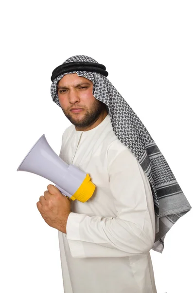 Arabische man met luidspreker geïsoleerd op wit — Stockfoto