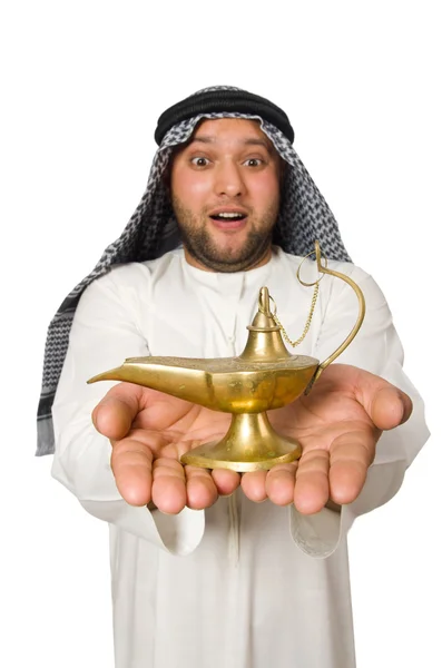 Arabische man met lamp geïsoleerd op wit — Stockfoto