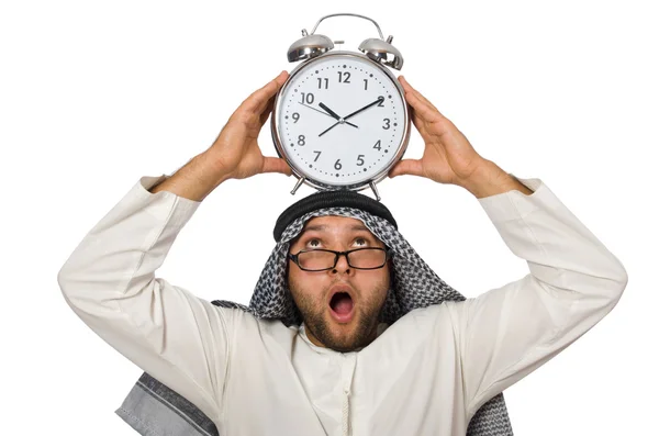 Uomo arabo con orologio isolato su bianco — Foto Stock