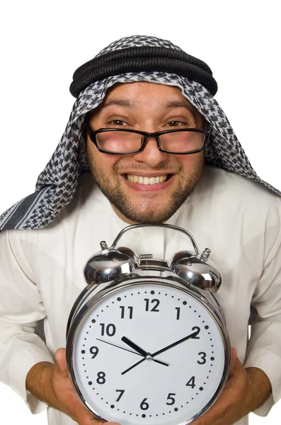 Uomo arabo con orologio isolato su bianco — Foto Stock