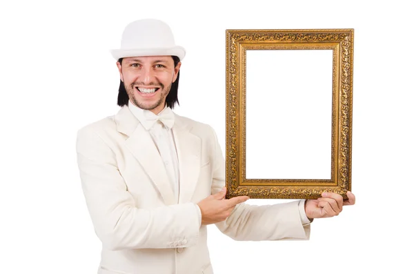 Man in white costume with picture frame — Stock Photo, Image