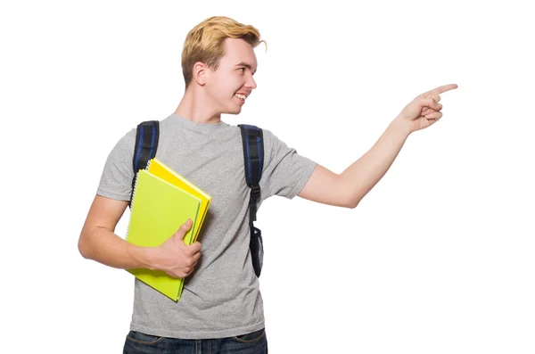 Estudante pressionando botão virtual isolado no branco — Fotografia de Stock